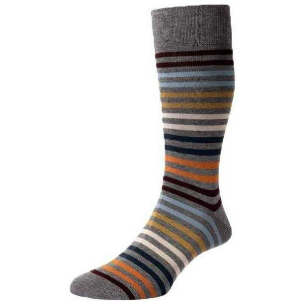 Pantherella Grey Kilburn All Over Stripe Cotton Lisle Socks