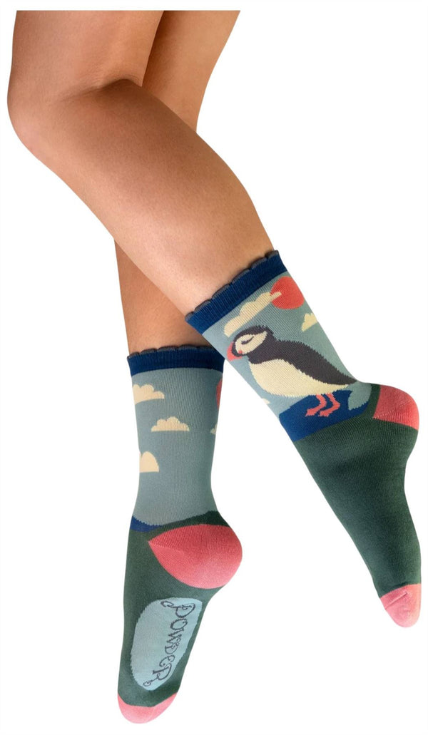 Powder Blue Puffin Ankle Socks