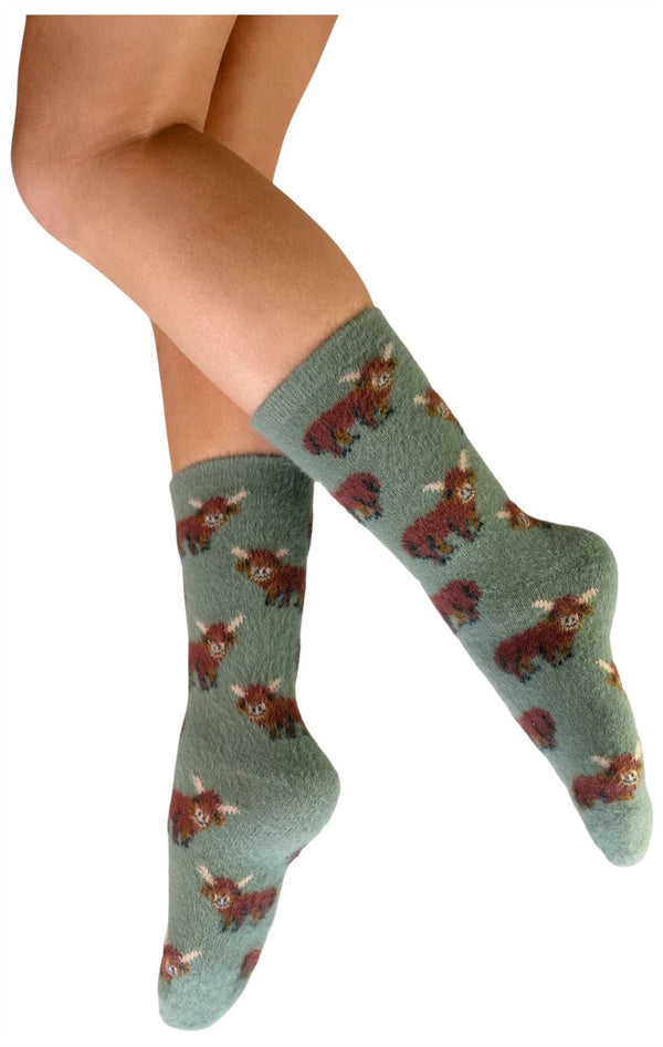 Powder Green Highland Cow Fuzzy Socks