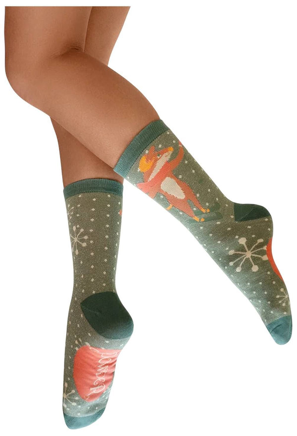 Powder Green Skiing Mouse Glitter Ankle Socks