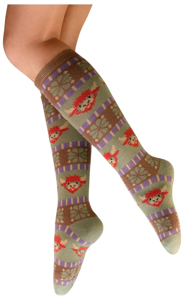 Powder Green Fair Isle Highland Cow Knee High Socks