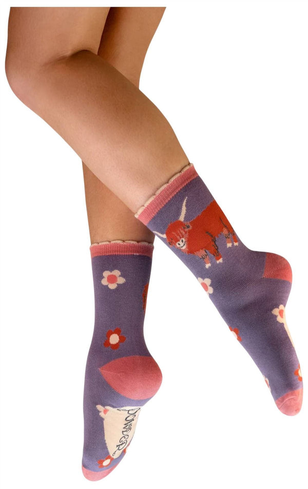 Powder Purple Highland Cow Ankle Socks