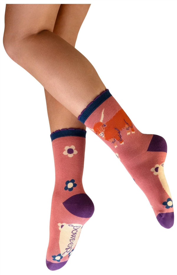 Powder Pink Highland Cow Ankle Socks