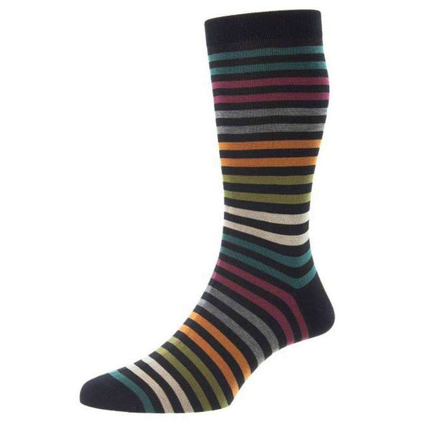 Pantherella Black Kilburn All Over Stripe Fil D'Ecosse Cotton Socks