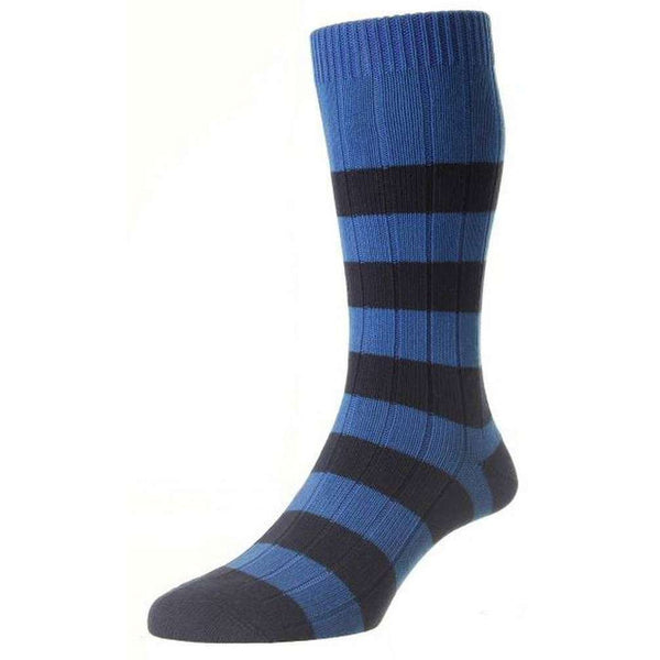 Pantherella Blue Selsey Rib Rugby Stripe Organic Cotton Socks