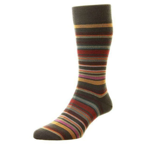 Pantherella Brown Quakers All Over Multi Stripe Merino Wool Socks