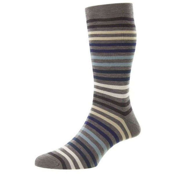 Pantherella Grey Kilburn All Over Stripe Fil D'Ecosse Cotton Socks