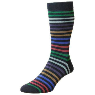 Pantherella Navy Kilburn All Over Stripe Cotton Lisle Socks