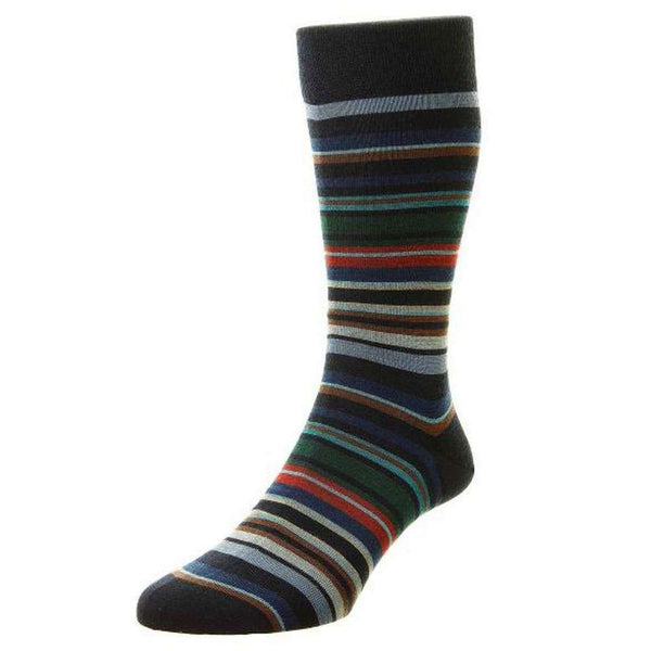 Pantherella Navy Quakers All Over Multi Stripe Merino Wool Socks