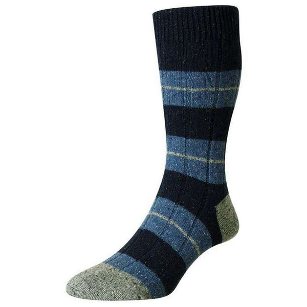 Scott Nichol Navy Bayfield Merino and Silk Block Stripe Rib Socks