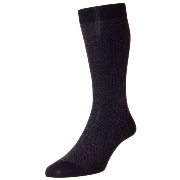 Pantherella Black Fabian Herringbone Cotton Lisle Socks 