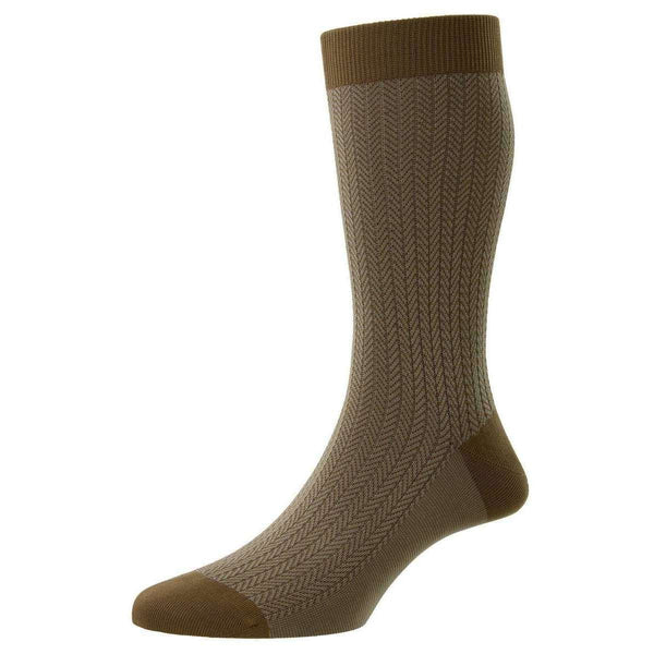 Pantherella Khaki Fabian Cotton Fil D'Ecosse Herringbone Socks